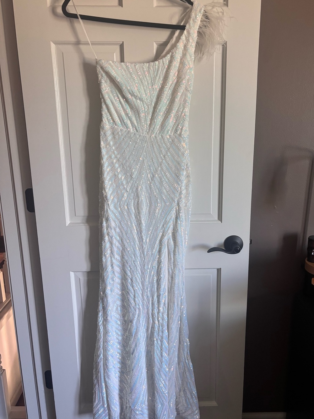 One-Shoulder Feather Accent Sequin Gown - Iridescent White Size Medium